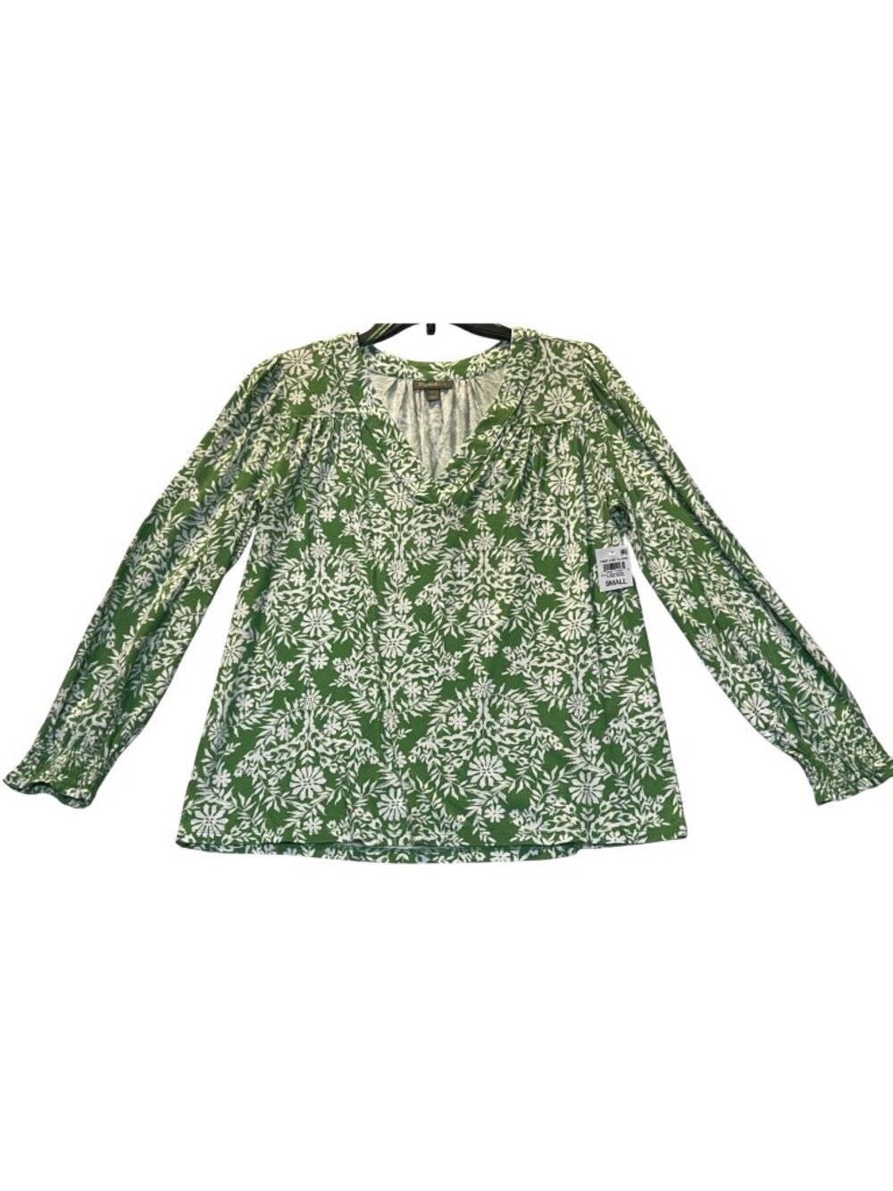 Style & Co Womens Size Small Green Floral Long Sleeve V-Neck Top Cotton Blend